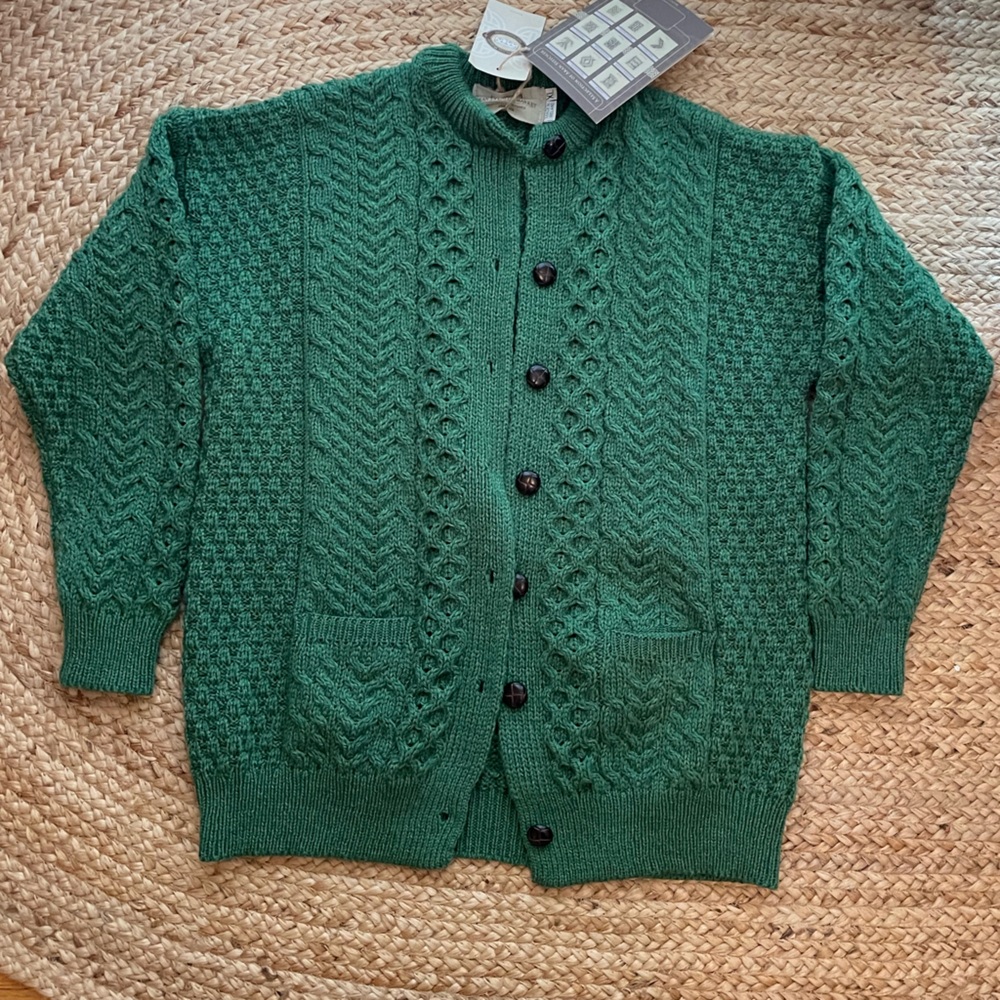 Fisherman Cardigan Aran Wool Sweater Green